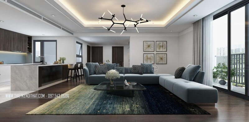 Chiếc sofa nỉ chữ L màu xanh là điểm nhấn nổi bật của căn phòng, đặc biệt gam màu này tạo sự tươi mới cho căn phòng Mẫu thiết kế nội thất chung cư đẹp