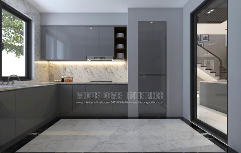 Tủ bếp hiện đại, sang trọng ấn tượng với chất liệu gỗ acrylic màu xám độc đáo. Thiết kế tủ bếp biệt thự sang trọng