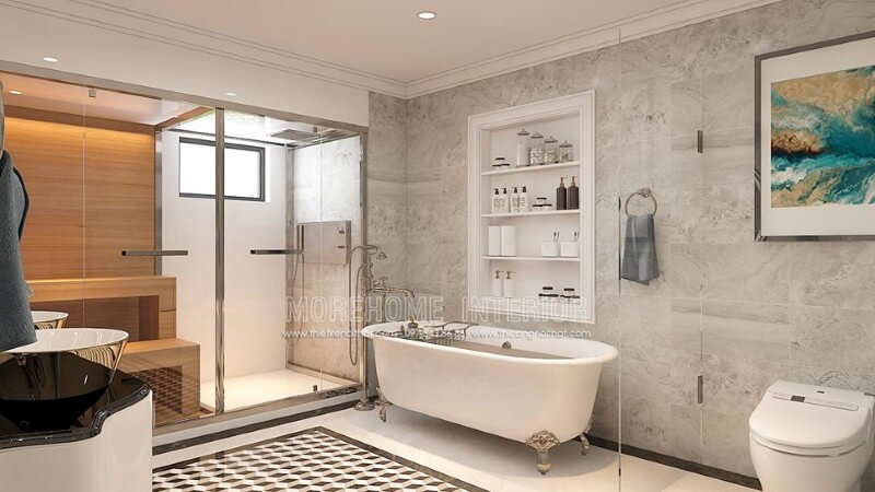 Đá ốp phòng tắm cao cấp, gạch lát nền giả cổ, bồn tắm trắng hoa văn cổ điển cùng vách tắm kính cường lực trong suốt đã tạo nên không gian phòng tắm thông thoáng, đẹp mắt và sang trọng. đá ốp phòng tắm cao cấp