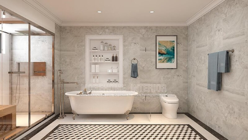 Bồn tắm độc lập Vitoria Hafele cao cấp kết hợp cùng cách trang trí khoa học, thẩm mỹ từ đá ốp tường, gạch lát nền giả cổ, vách tắm kính đã tạo nên không gian phòng tắm đẹp, sang trọng, độc đáo. đá ốp phòng tắm cao cấp