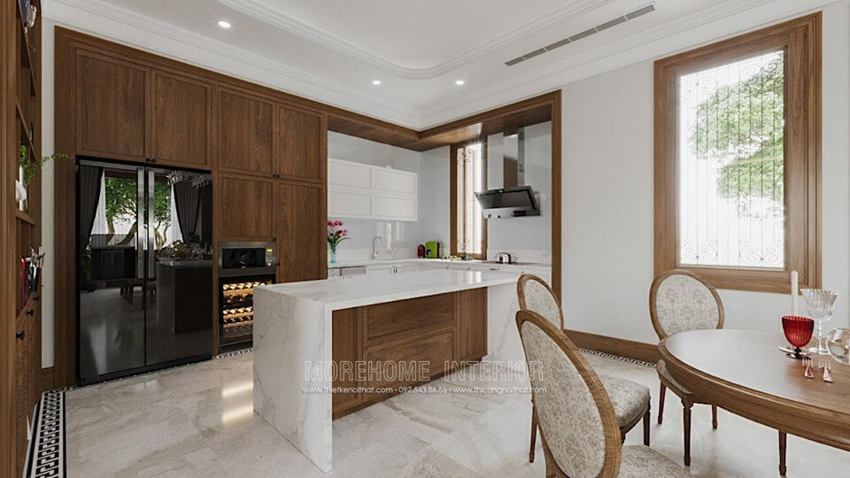 Thiết kế nội thất phòng bếp đẹp với chất liệu gỗ tự nhiên, đá ốp bàn bếp, tủ rượu,... Nội thất phòng bếp