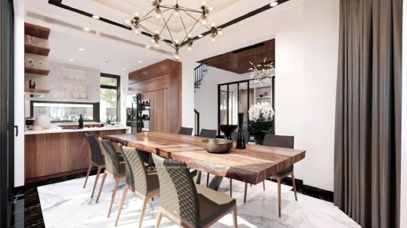 Sẽ là một gợi ý sáng tạo sẽ khiến bạn thích thú như trong ý tưởng bố trí không gian bếp hiện đại biệt thự Vinhomes Imperia Hải Phòng trong đây, thiết kế kệ trang trí ở vị trí gần bàn ăn nhất giúp bạn lấy ly, chén một cách thuận tiện. Nội thất phòng bếp