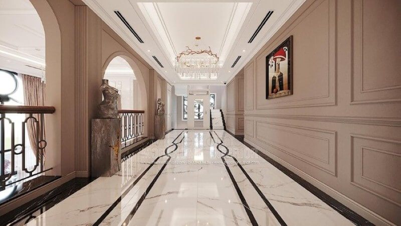Ý tưởng thiết kế hành lang đẹp kết hợp độc đáo giữa đá lát nền, phào chỉ tường, đèn trang trí.