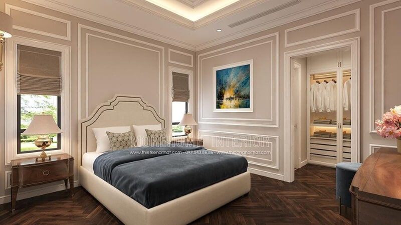 Bố trí nội thất phòng ngủ tân cổ điển có tủ quần áo đẹp, sang trọng.