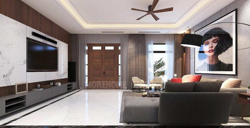 Sắp xếp nội thất phòng khách hiện đại đẹp, tinh tế từ đá ốp tường vân mây, tranh treo tường nghệ thuật cùng sofa hiện đại cao cấp.