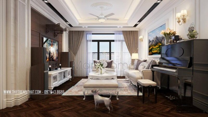 Bộ sofa khung gỗ tự nhiên được đặt chính giữa không gian tạo cảm giác vững chãi và tiện nghi hơn cho gia chủ trong quá trình sử dụng