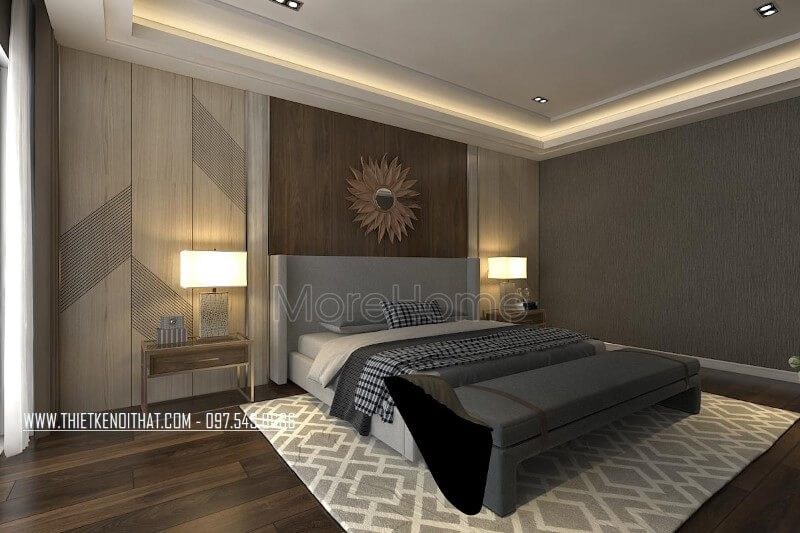 Bức tường được biến hóa tránh sự thô cứng bởi giấy dán tường đơn sắc màu ghi xám cho phòng ngủ